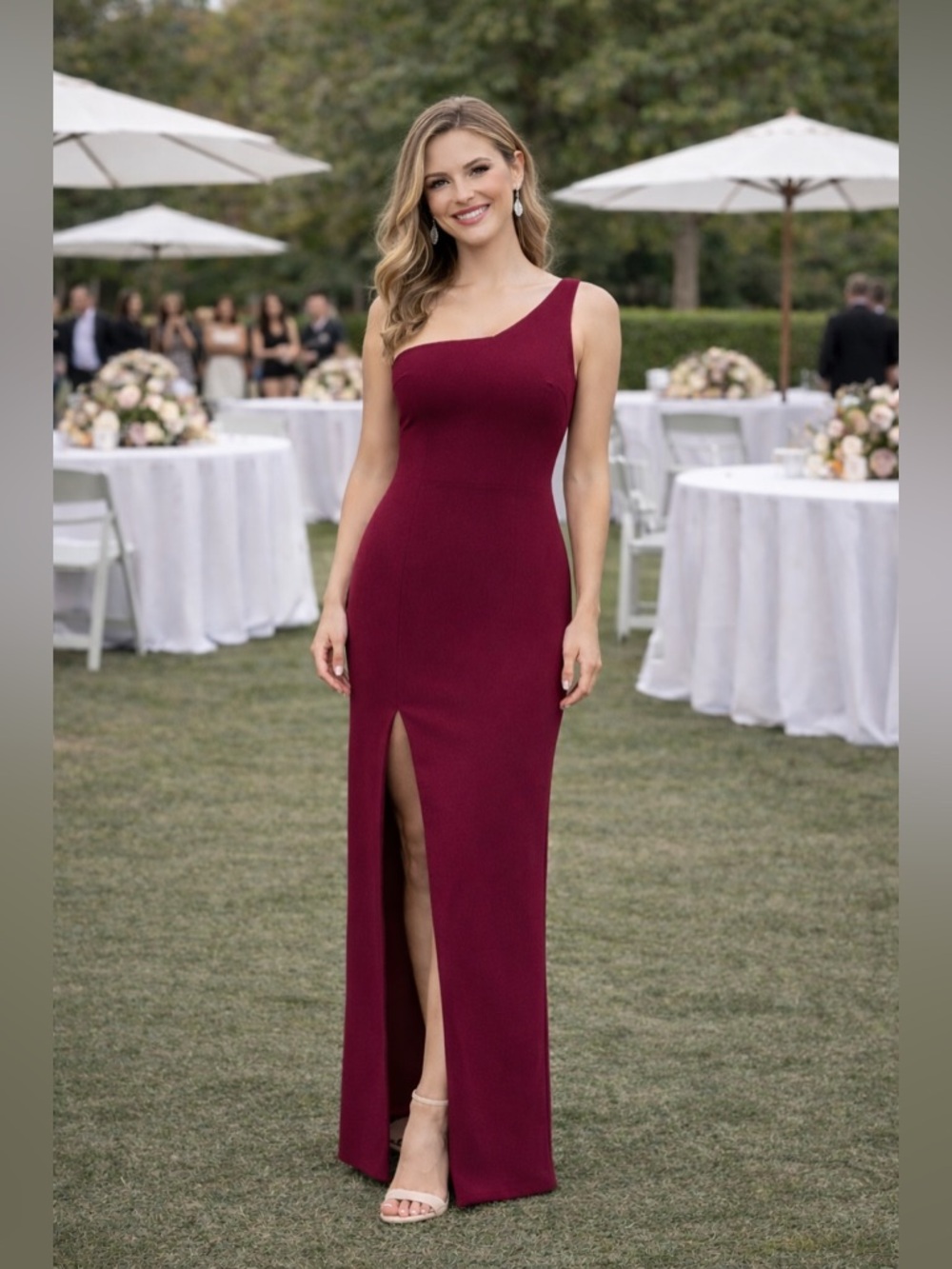 Likely Elegant Burgundy One-Shoulder Evening Dress 4